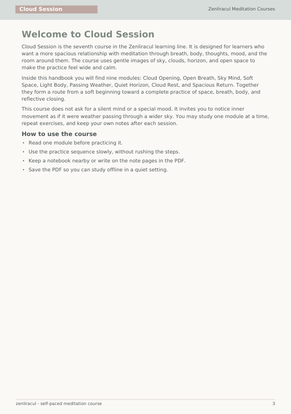 A digital preview page of the Zenrital Cloud Session meditation course, featuring a welcome message, course description, usage instructions, and a navigation bar at the top.