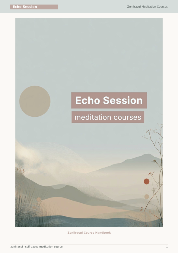 A minimalist meditation course cover design reading 'Echo Session meditation courses' over a soft abstract landscape with layered hills, a pale blue sky, and muted geometric shapes.