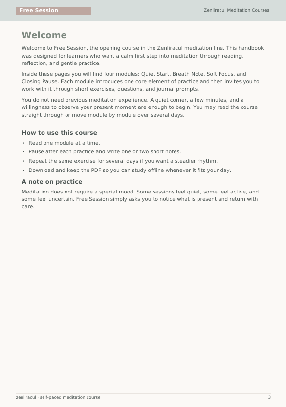 A digital preview page of a meditation course handbook titled 'Welcome' from Zenitron Meditation Center, showing introductory text on a light gray background with a white page footer.