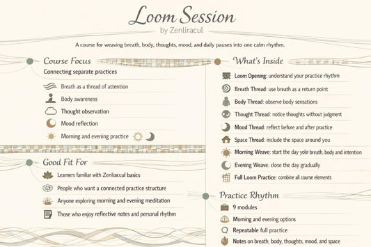 Course outline for 'Loom Session' by Zenliacul on a white background with text and decorative elements.