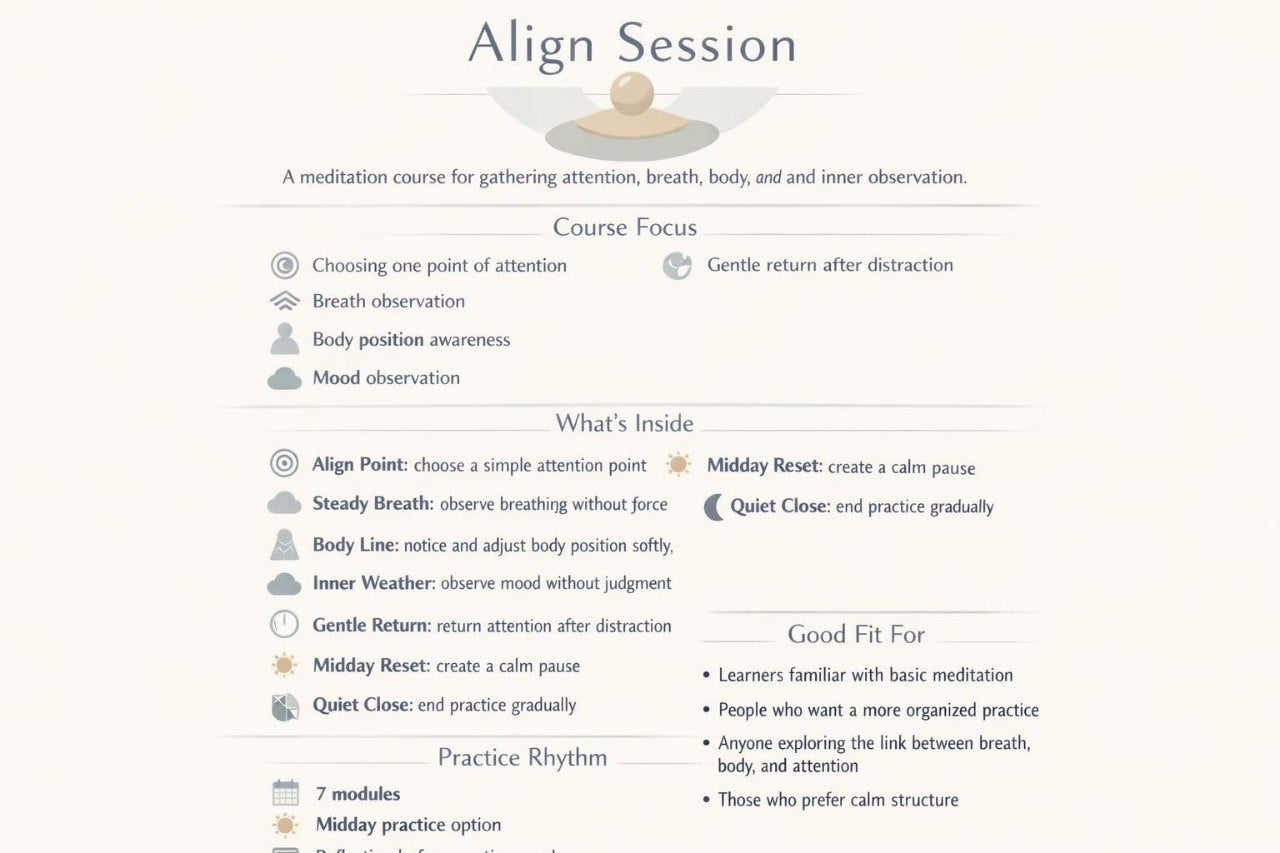 Meditation course flyer with text and icons on a white background