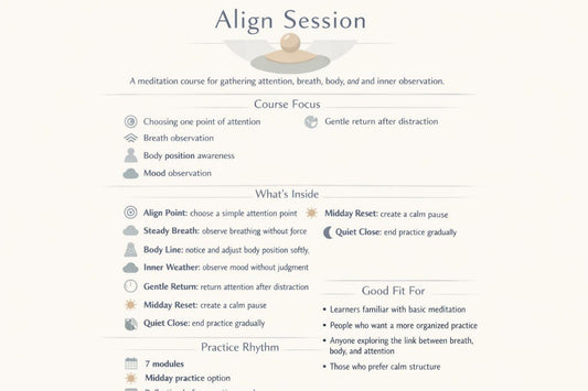 Meditation course flyer with text and icons on a white background