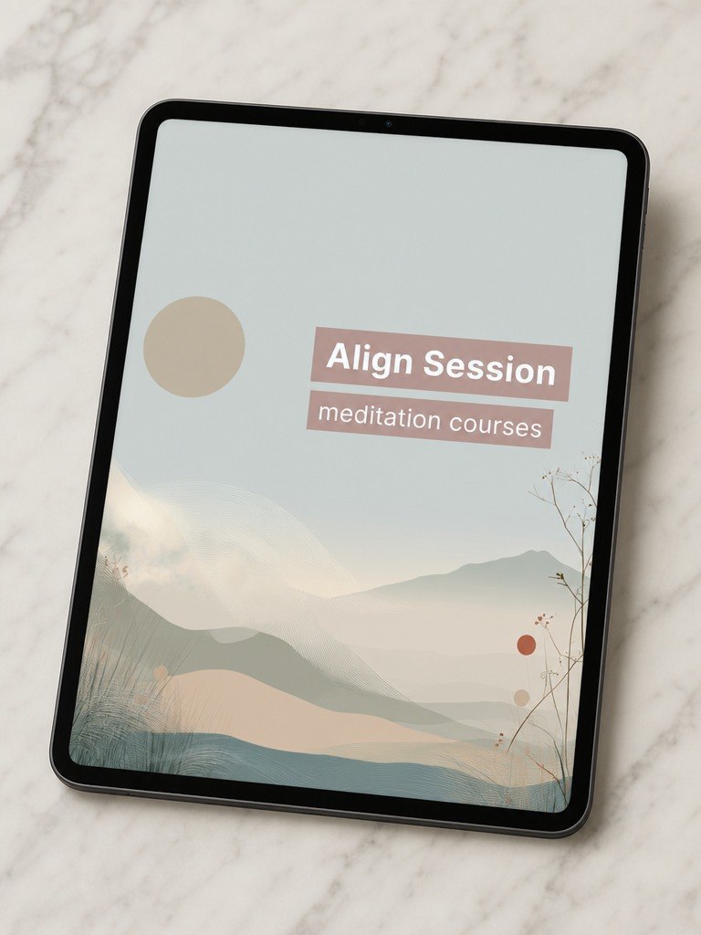 Tablet displaying 'Align Session meditation courses' on a marble surface
