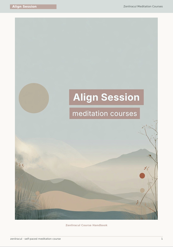 A minimalist book or booklet cover reading 'Align Session meditation courses' with a soft abstract landscape of layered mountains, a muted sun, and sparse branches. Small text at the top and bottom references Zenitracal meditation courses.