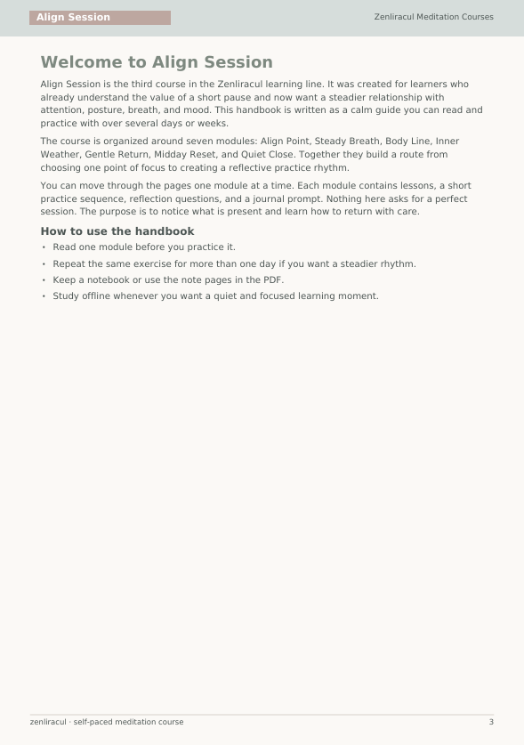 A digital screenshot of a handbook welcome page for the Zenitrali Align Session self-paced meditation course, featuring text on a light gray background with a darker gray header and footer.