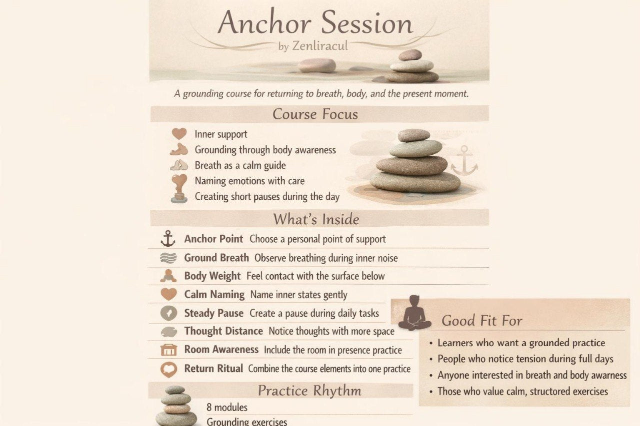 Anchor Session course flyer by Zenliracul with text and stone imagery on a beige background