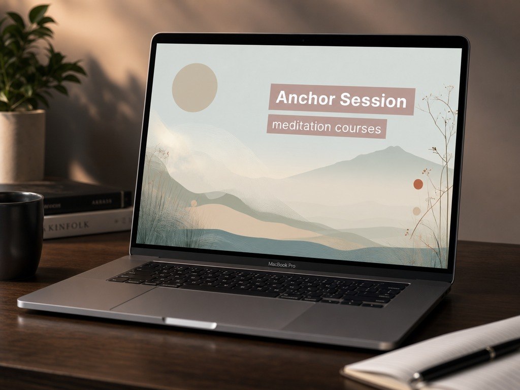 Laptop on a desk with a meditation course screen on the display