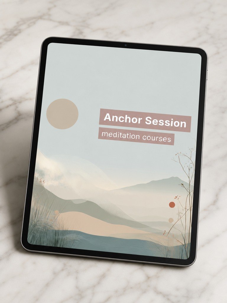 Tablet displaying 'Anchor Session meditation courses' on a marble surface