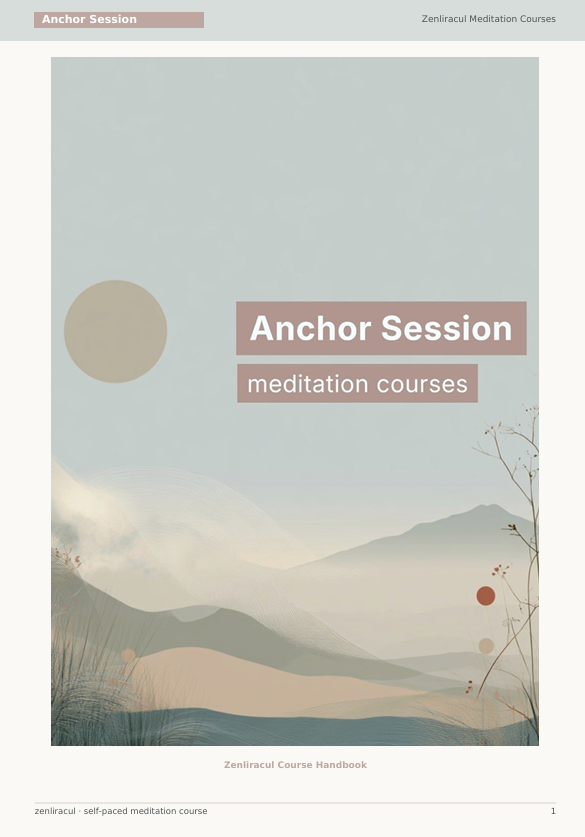 A minimalist book or booklet cover titled 'Anchor Session meditation courses' with a soft abstract landscape illustration in muted beige, blue-gray, and brown tones.