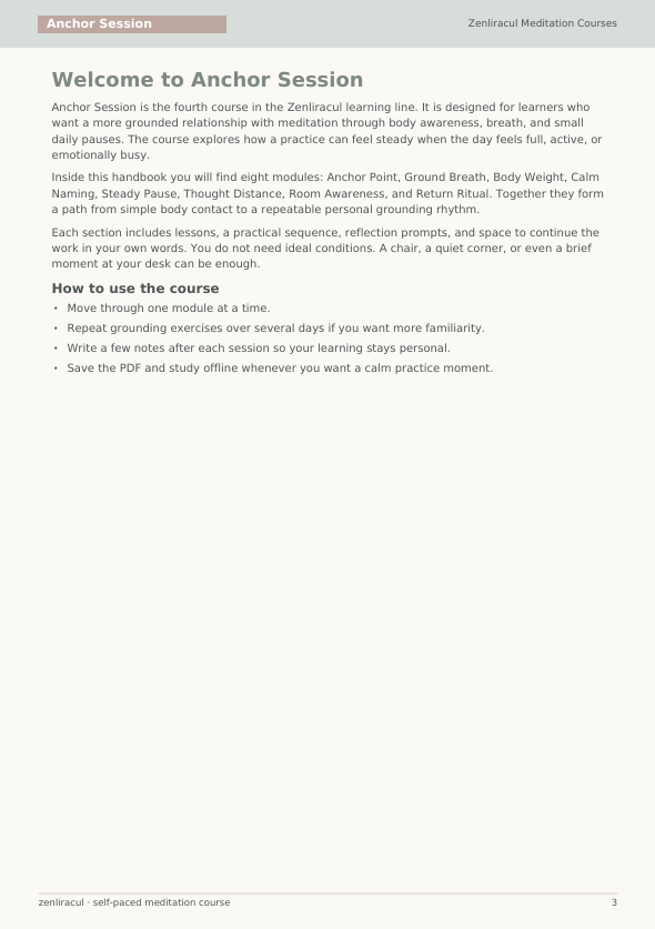 A digital preview page of the Anchor Session self-paced meditation course from Zenraila, showing a welcome message and course overview on a light gray background.
