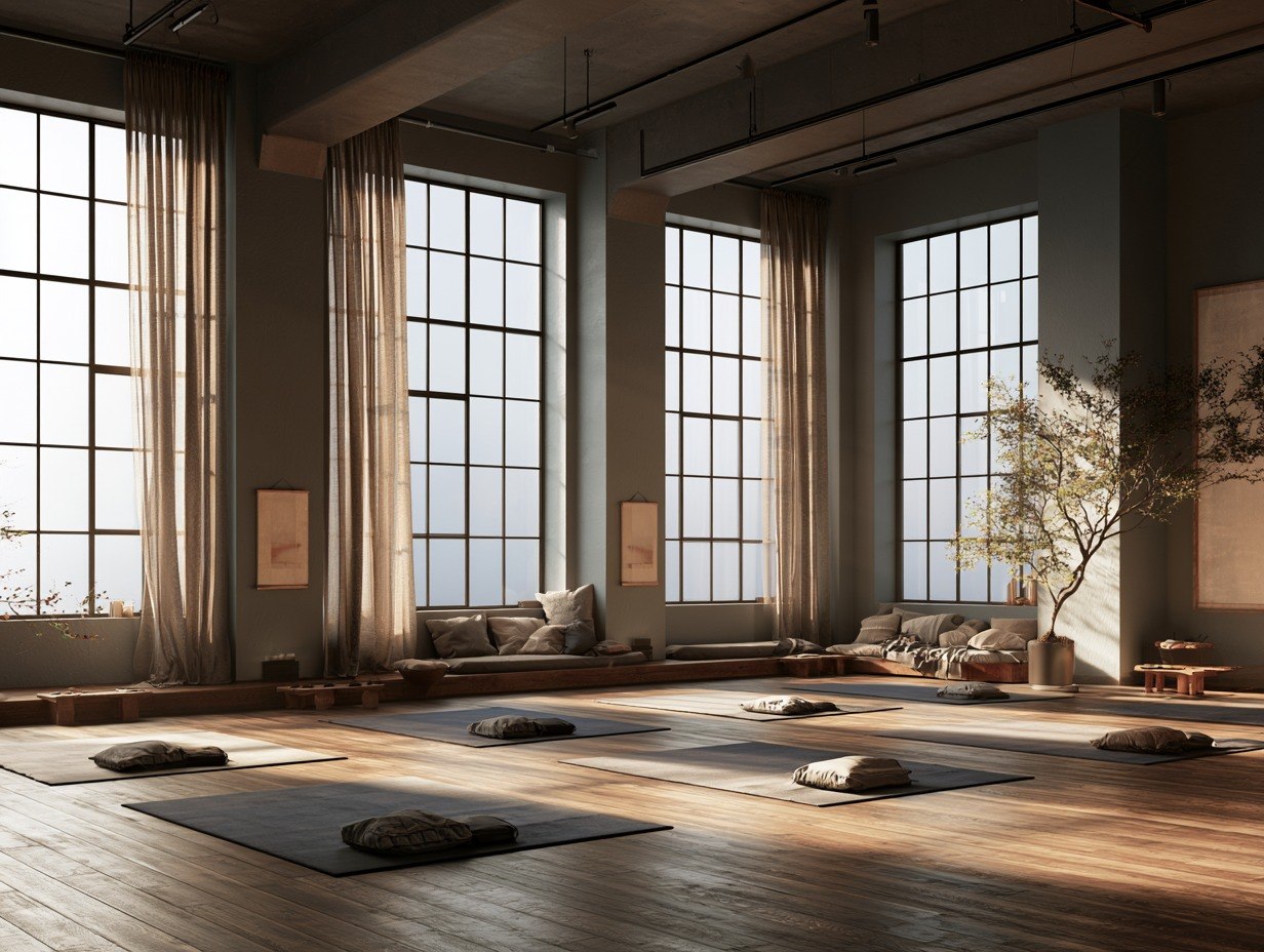 Spacious room with large windows, yoga mats, and a tree, likely used for meditation or yoga.