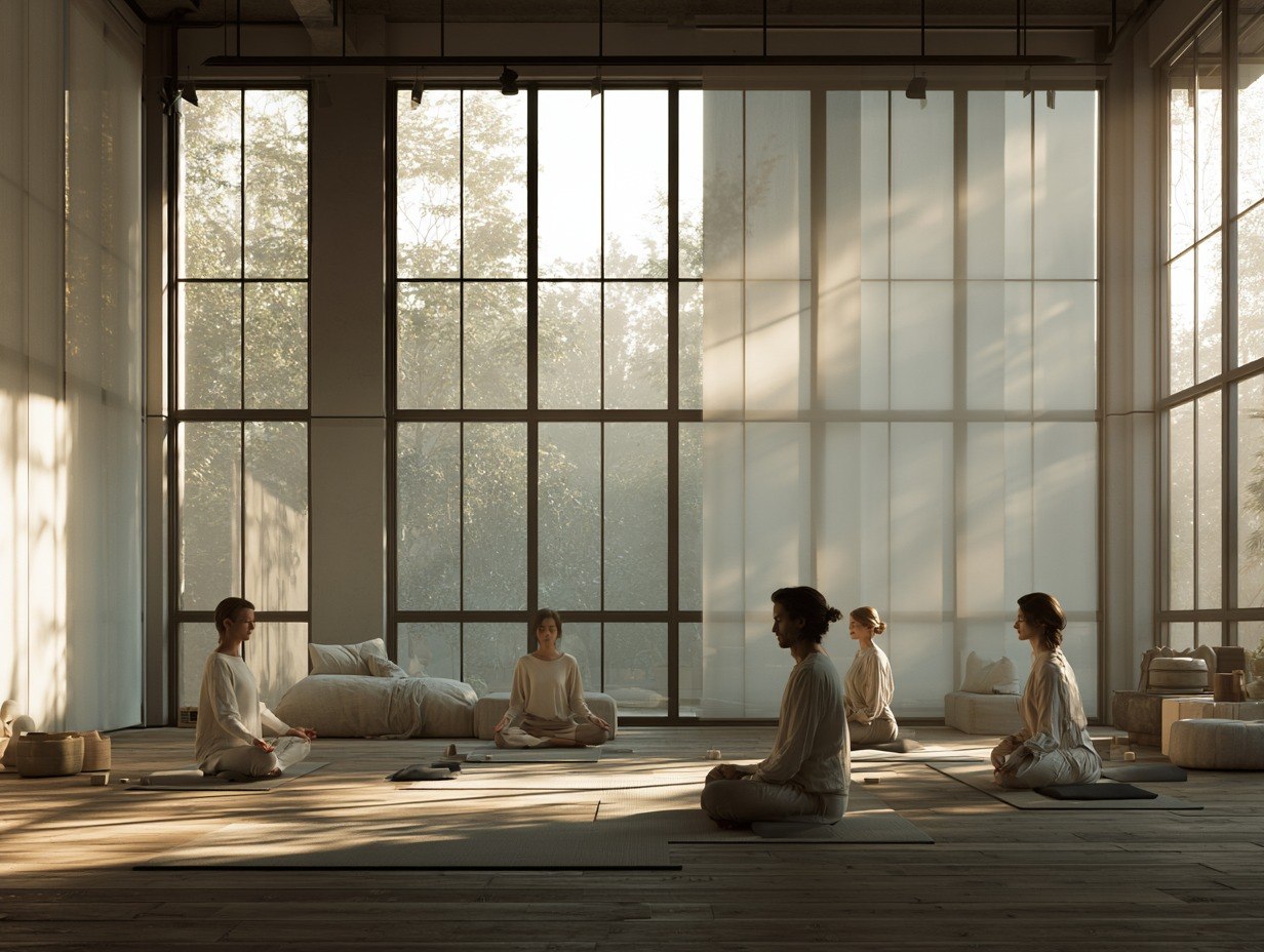 Group of people practicing yoga in a large, well-lit room with large windows.
