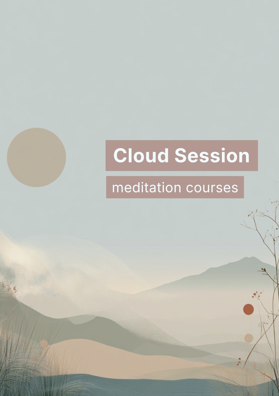 Meditation course flyer with a mountain and cloud design on a light blue background