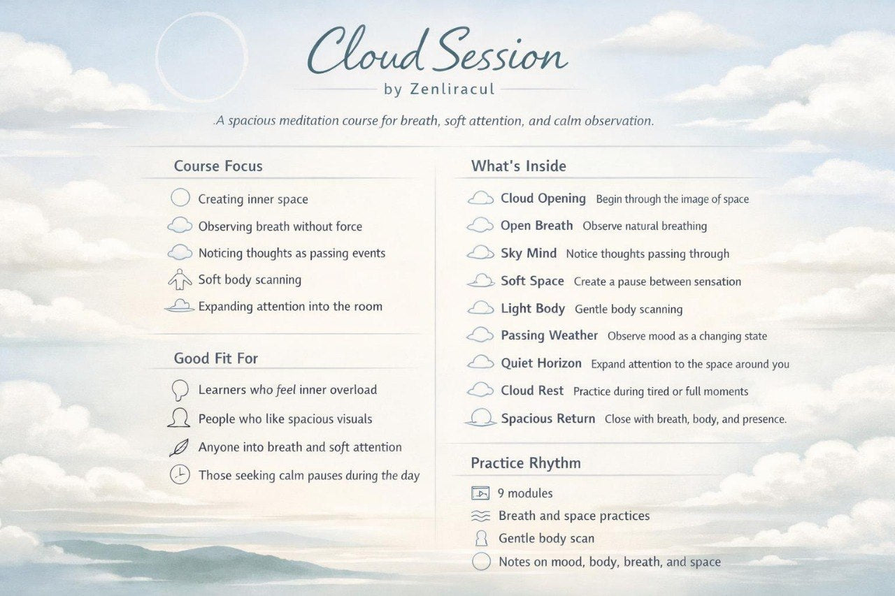 Meditation course flyer for 'Cloud Session' by Zeniracul with a scenic background of clouds and water.