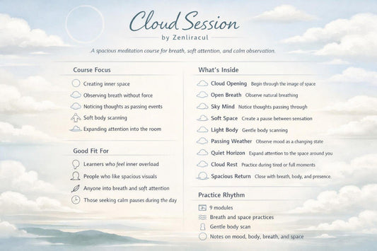 Meditation course flyer for 'Cloud Session' by Zeniracul with a scenic background of clouds and water.