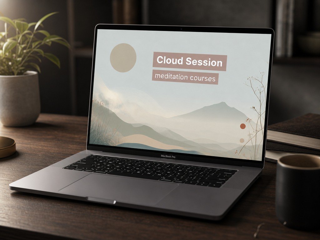 Laptop on a wooden desk with a mountain-themed screen displaying 'Cloud Session meditation courses'.