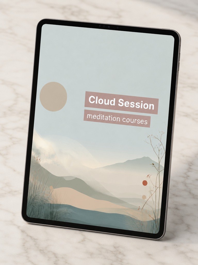 Tablet displaying a meditation app with a mountain and cloud design on a marble surface