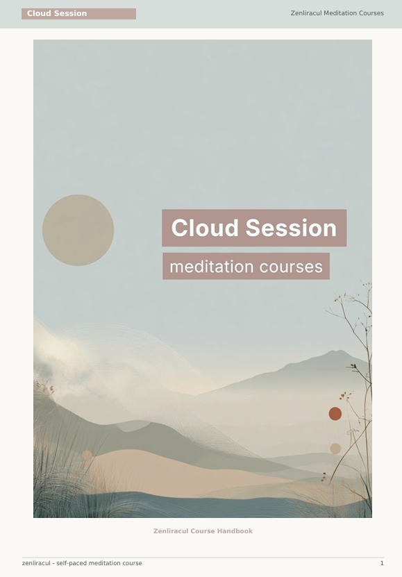 A minimalist book or booklet cover titled 'Cloud Session meditation courses,' with a muted landscape illustration of layered mountains and grasses. The cover has a pale blue-gray sky, dusty rose title blocks, and small abstract circular accents.