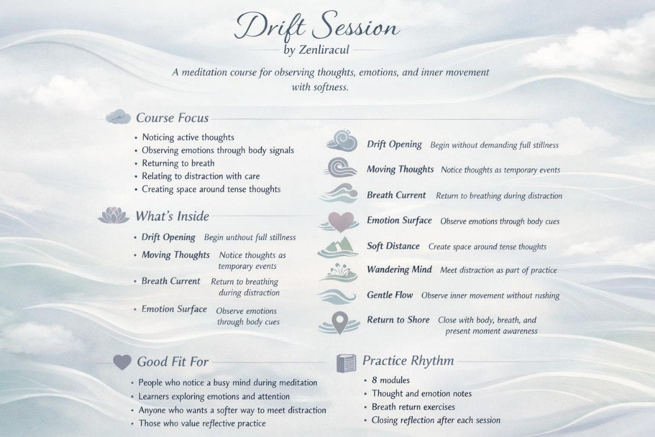 Meditation course outline titled 'Drift Session' by Zenfacial with a soft, cloud-like background.