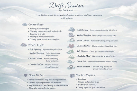 Meditation course outline titled 'Drift Session' by Zenfacial with a soft, cloud-like background.