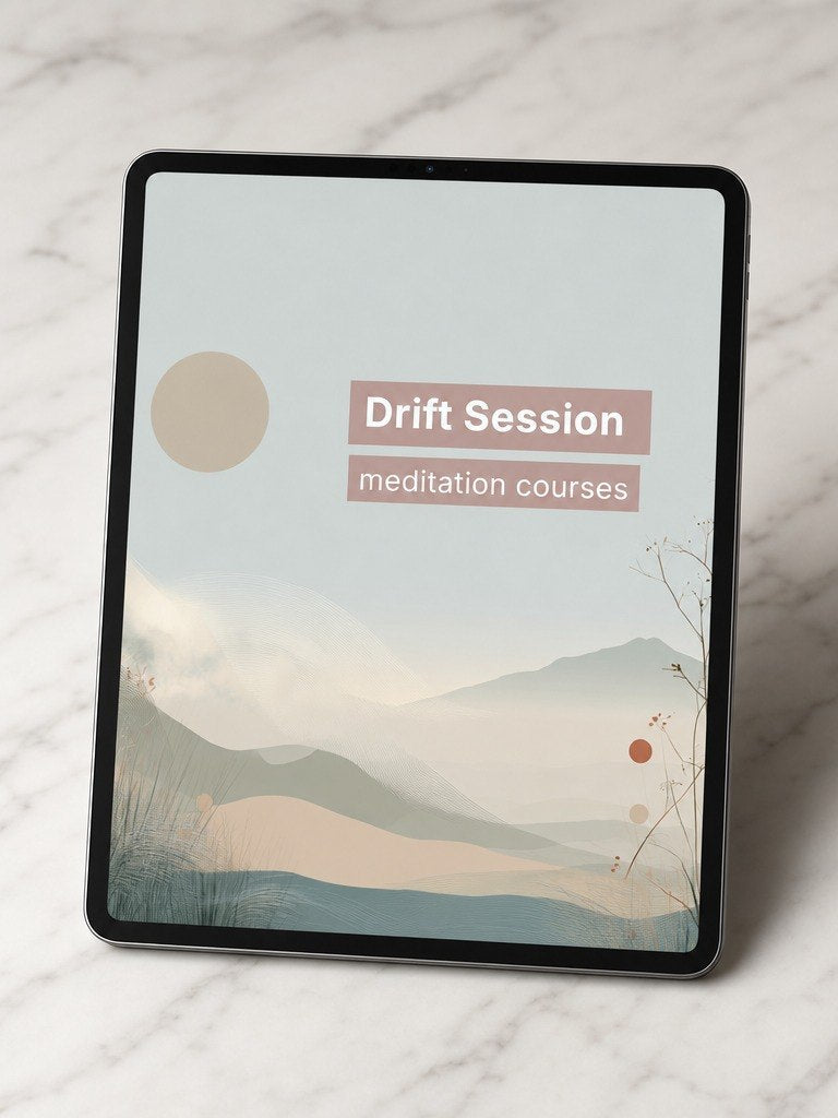 Tablet displaying 'Drift Session meditation courses' on a white marble surface