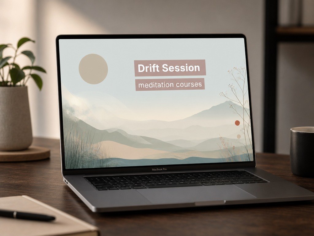 Laptop on a desk with 'Drift Session' meditation courses displayed on the screen