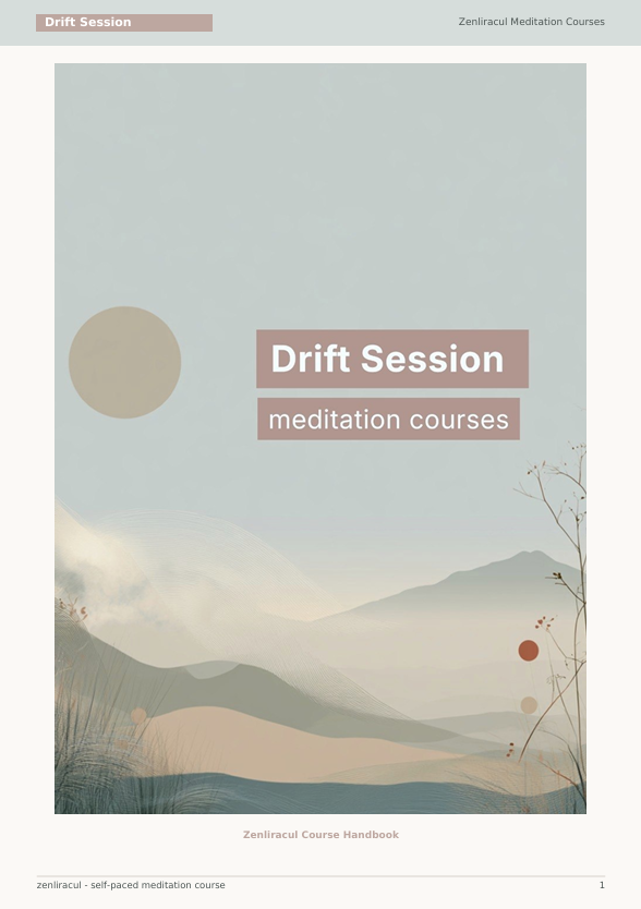 A minimalist book or booklet cover titled "Drift Session" with the subtitle "meditation courses." The cover features a soft abstract landscape with layered blue-gray mountains, pale beige dunes, a muted beige sun, and thin dark branches on the right.