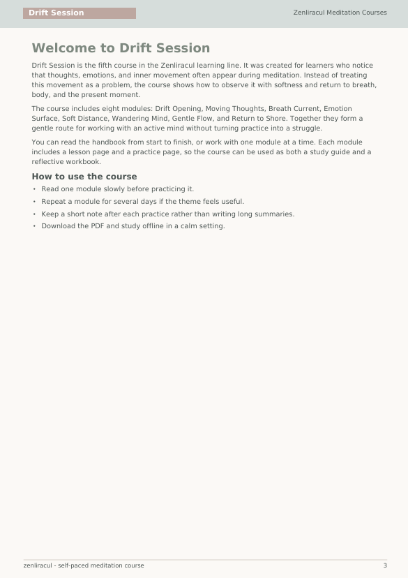 A digital document page titled 'Welcome to Drift Session' from Zenitracal Meditation Courses, outlining the fifth course in their Zen line with text sections on course overview and usage instructions.