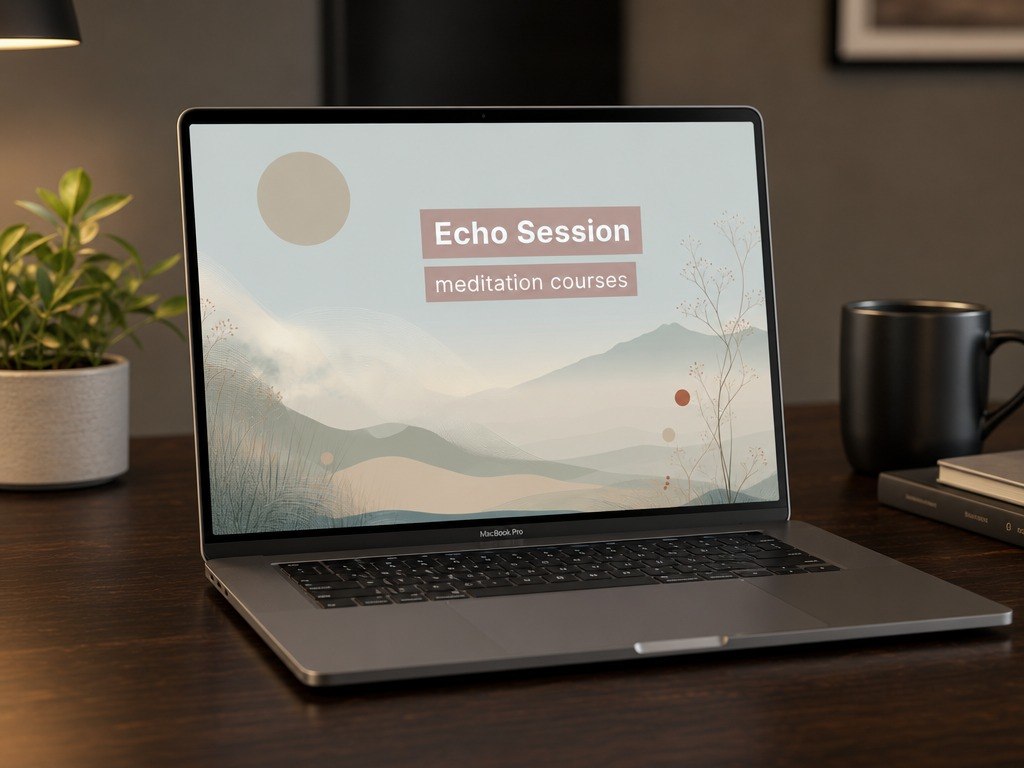 Laptop on a desk with 'Echo Session' meditation courses displayed on the screen