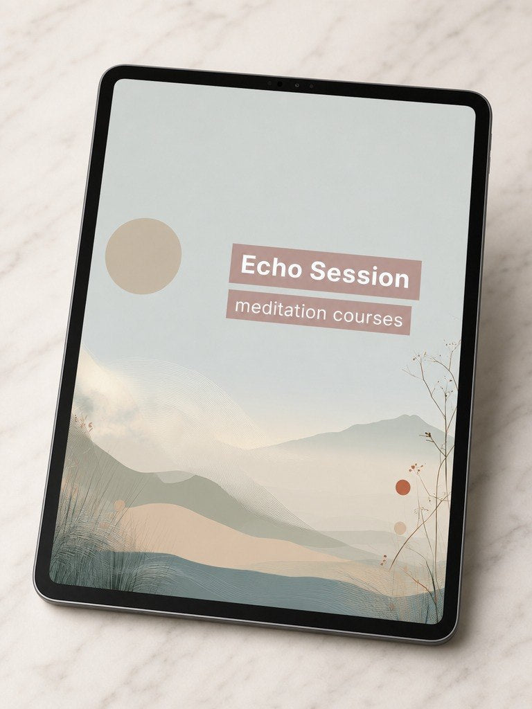 Tablet displaying 'Echo Session meditation courses' on a white surface