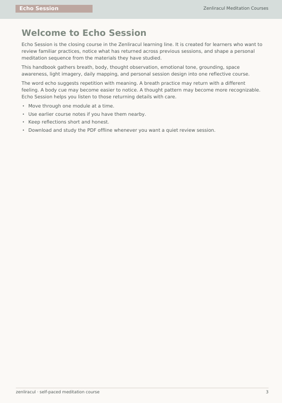 A digital preview page of a meditation course welcome guide titled 'Welcome to Echo Session' from Zenruiac Self-Paced Meditation Courses, featuring black text on a light gray background.