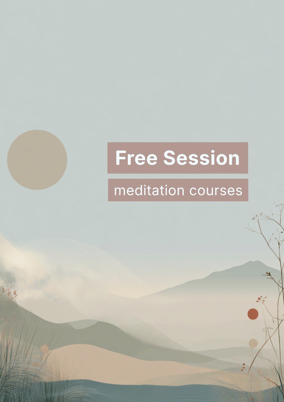 Meditation course promotion with a scenic landscape and 'Free Session' text.