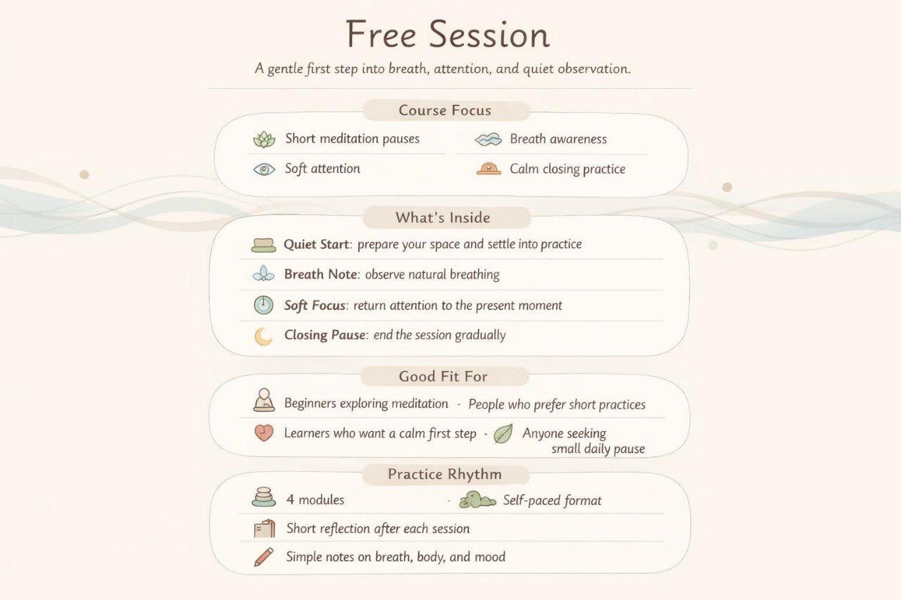 Free session description for a meditation course on a light background