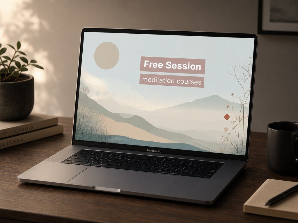 Laptop on a desk with a meditation course advertisement on the screen