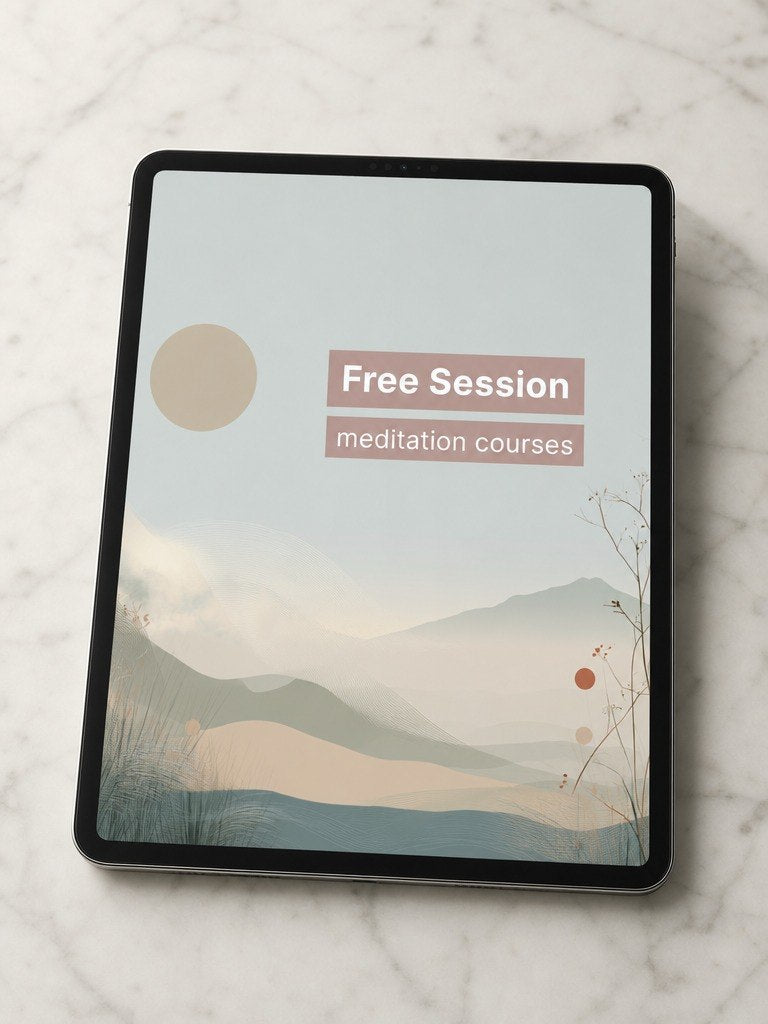 Tablet displaying a meditation course app with a mountain landscape on a marble surface