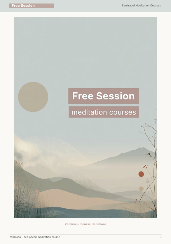A minimalist book or booklet cover titled "Drift Session" with the subtitle "meditation courses." The cover features a soft abstract landscape with layered blue-gray mountains, pale beige dunes, a muted beige sun, and thin dark branches on the right.