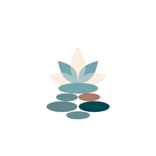 Decorative arrangement of stones and leaves on a white background