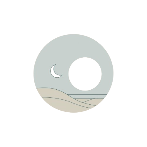 Circular logo with a crescent moon and landscape on a light blue background