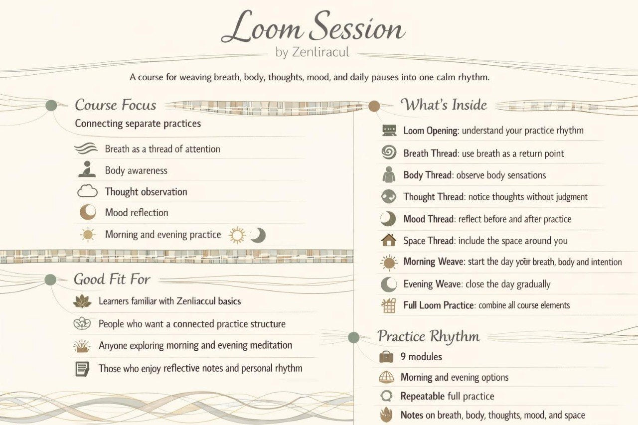 Course outline for 'Loom Session' by Zenliacul on a white background with text and decorative elements.