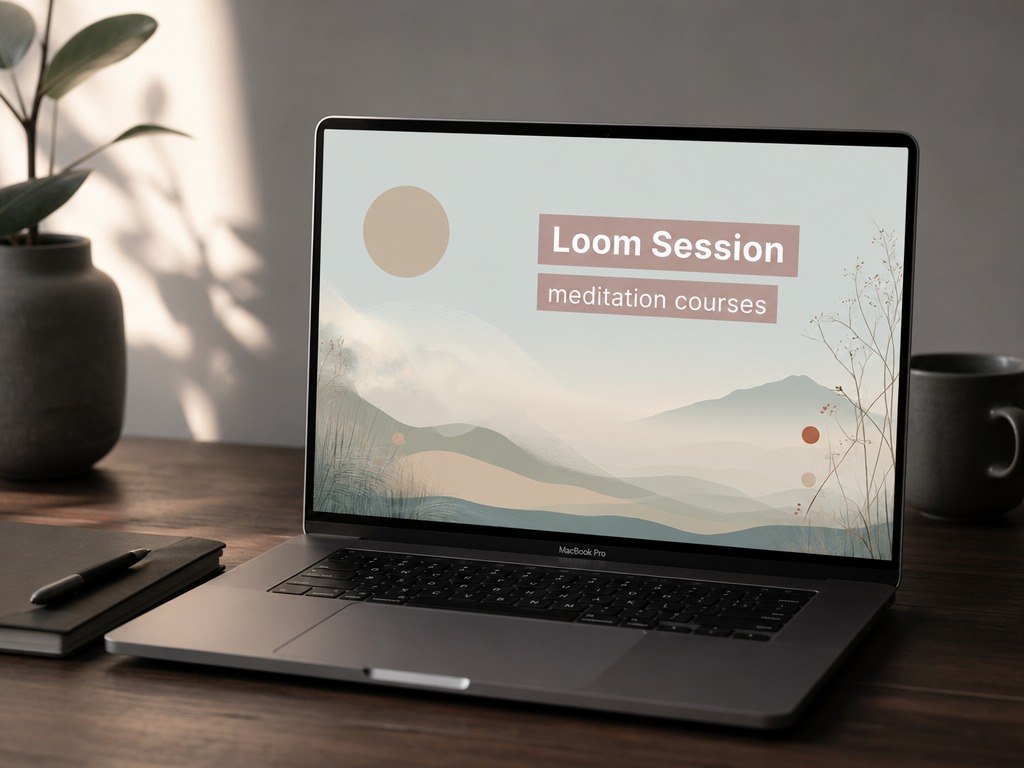 Laptop on a desk with 'Loom Session meditation courses' displayed on the screen