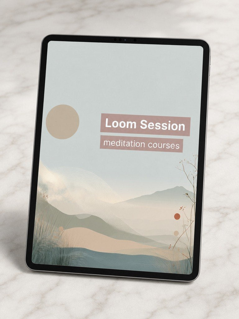 Tablet displaying a meditation app interface with mountains and minimal design.