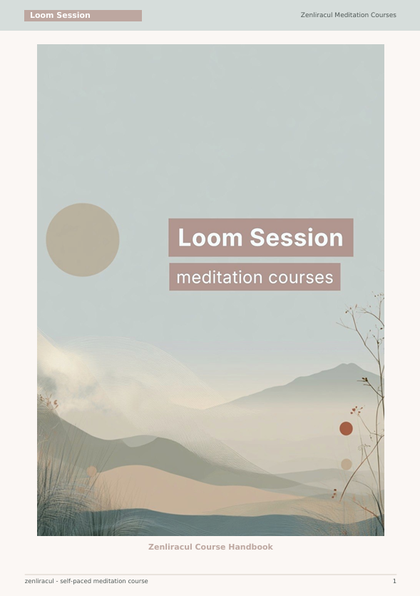 A minimalist book or booklet cover reading 'Loom Session meditation courses' with a soft abstract landscape of layered mountains and muted geometric shapes. Small text at the top and bottom references Zeniracul Meditation Courses and Zeniracul Course Handbook.