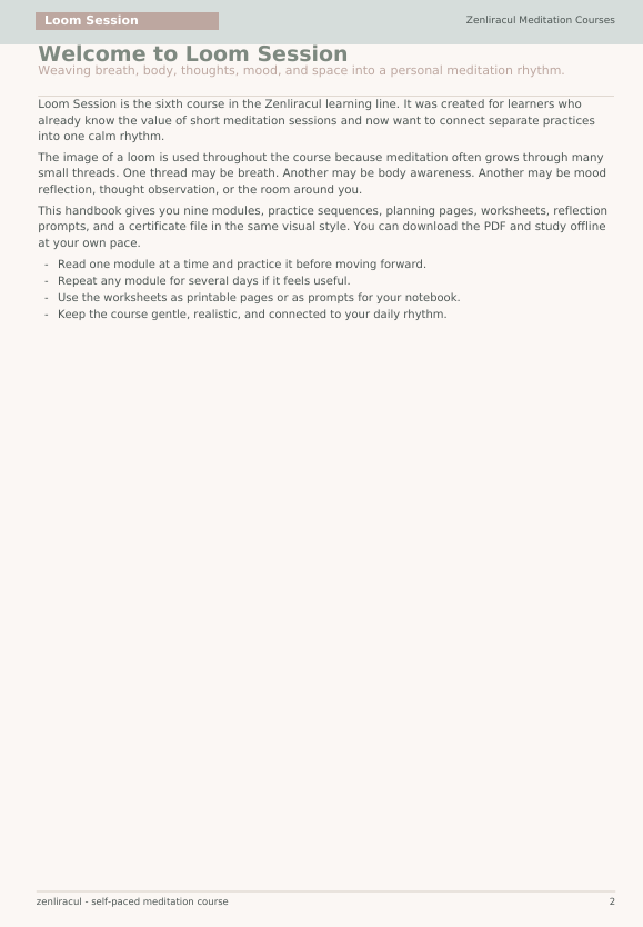 A digital preview page of a meditation course handbook titled 'Welcome to Loom Session' with introductory text on a white page with a light gray header and footer.