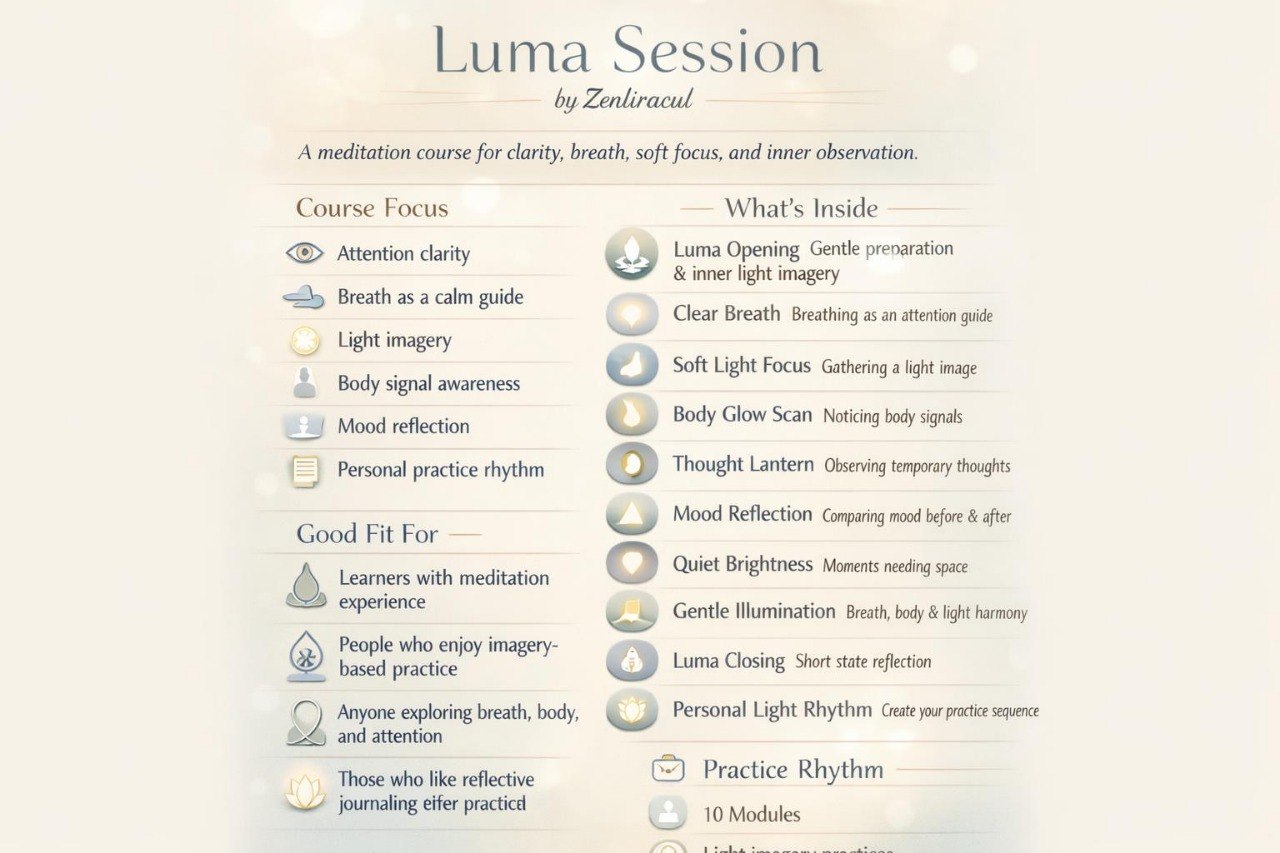 Meditation course overview for 'Luma Session' by Zenuracul on a light background