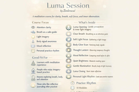 Meditation course overview for 'Luma Session' by Zenuracul on a light background