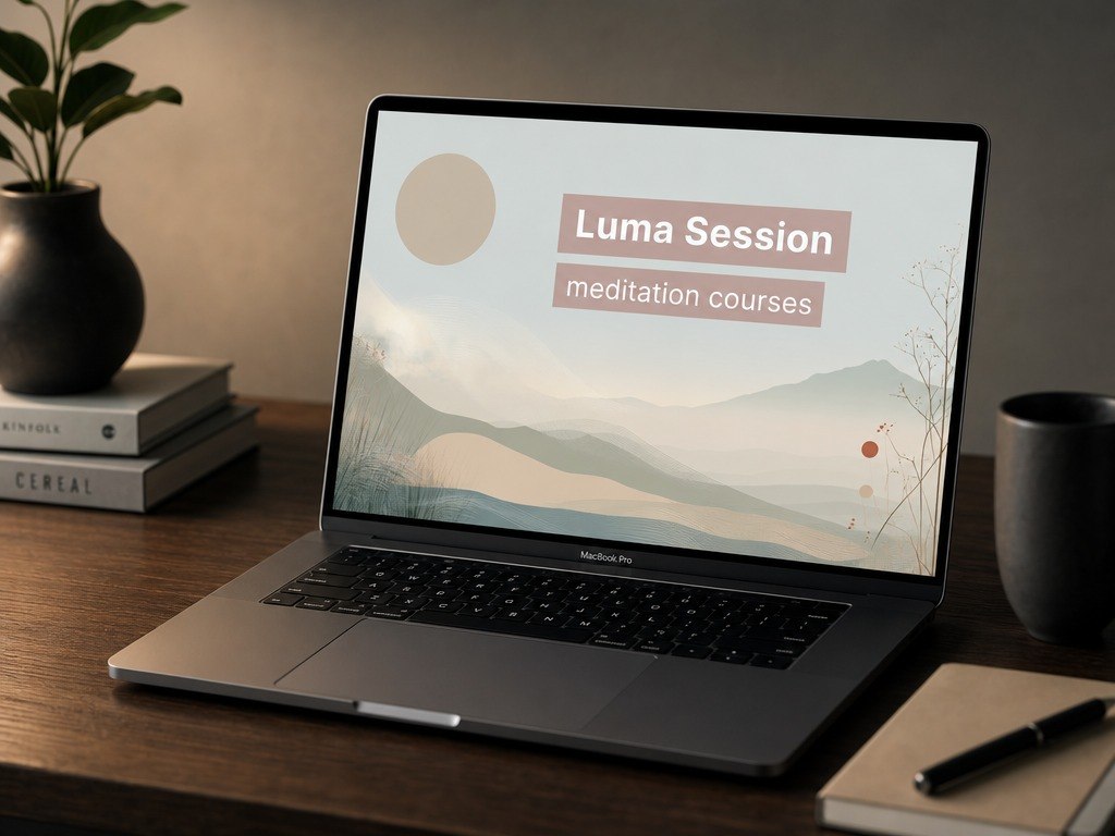 Laptop on a desk displaying 'Luma Session meditation courses' with a mountain landscape on the screen.