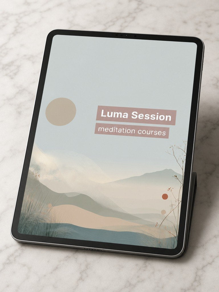 Tablet displaying a meditation course app with a mountain landscape on a marble surface