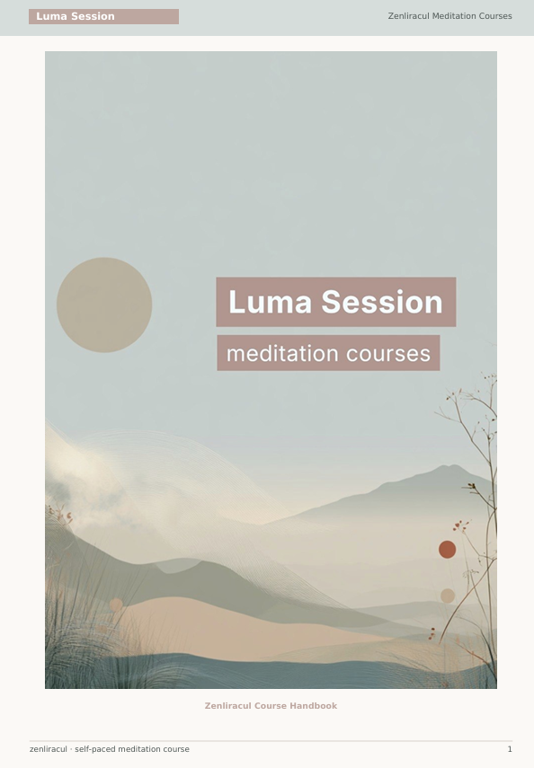 A minimalist book or booklet cover titled 'Luma Session meditation courses' with a soft abstract landscape illustration in muted beige, blue-gray, and brown tones.