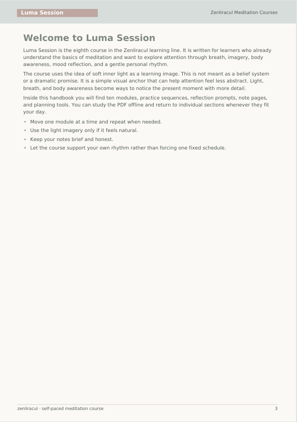 A digital document page titled 'Welcome to Luma Session' from the Zendriloc learning meditation course, featuring a light gray background with black text and a gray header bar.