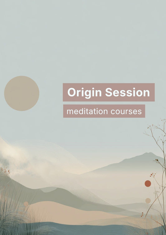 Meditation courses flyer with a mountain landscape and 'Origin Session' text.